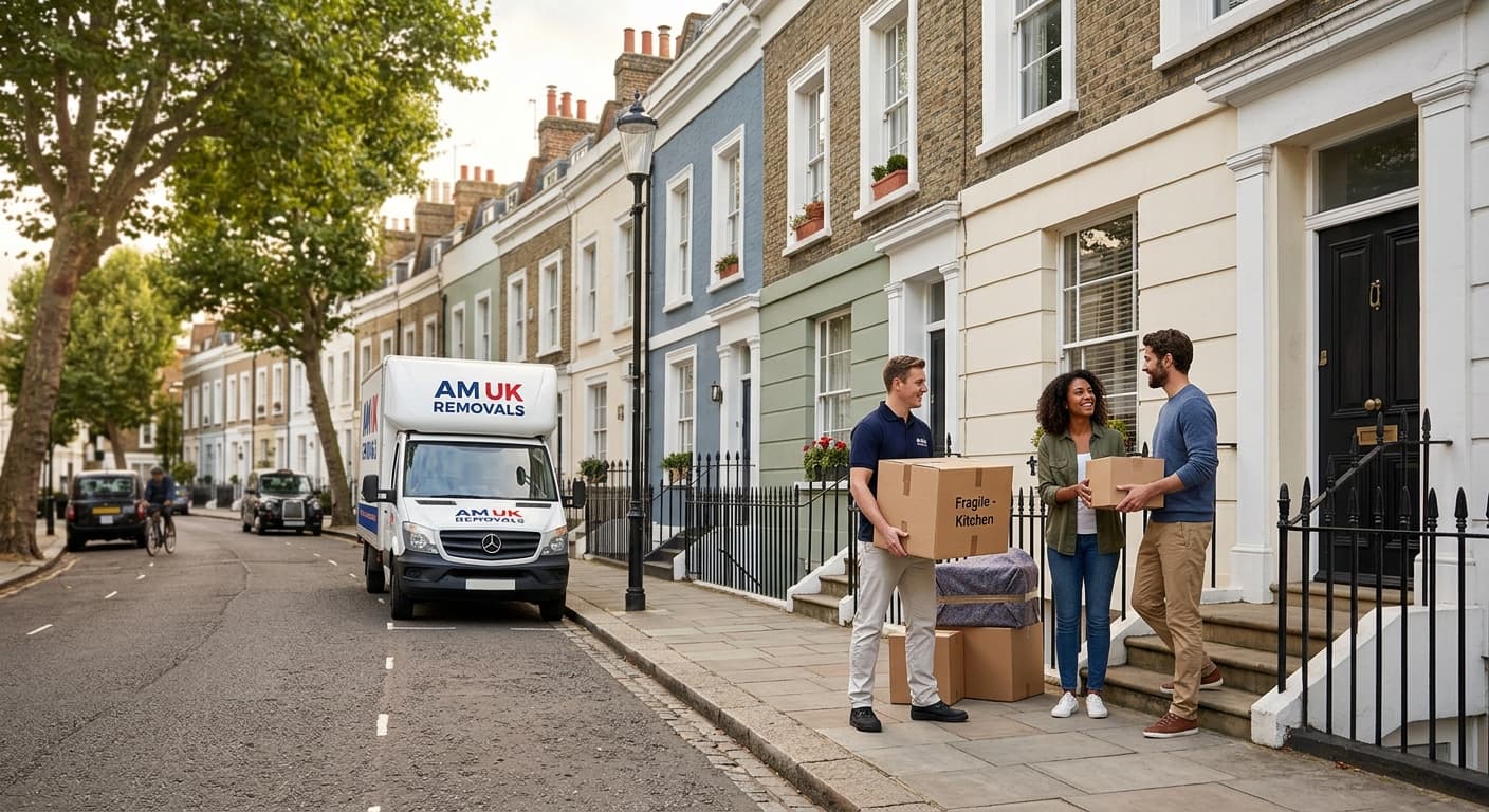 Movers placing furniture into a modern residential home