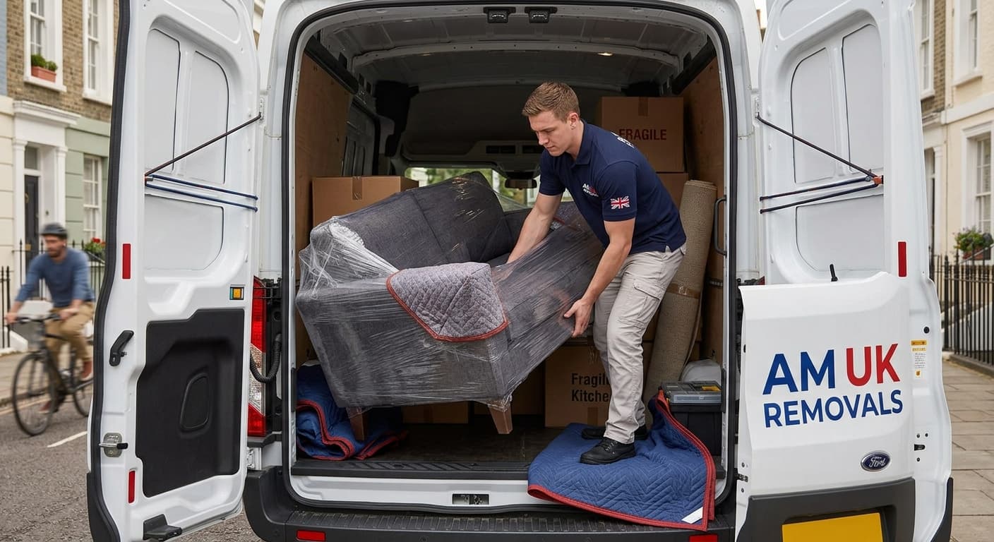 Removal driver loading a single furniture piece into a transit van