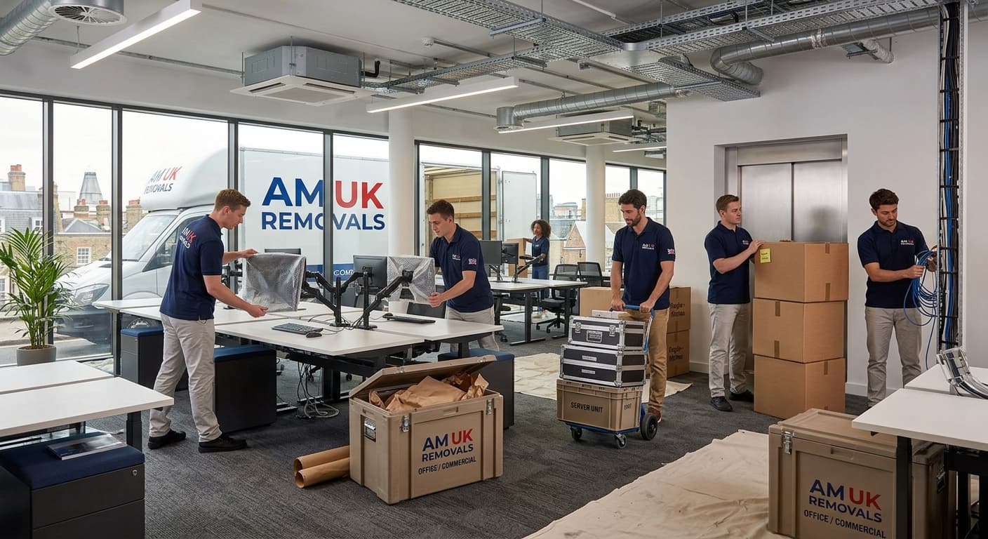 Movers relocating office desks and commercial equipment