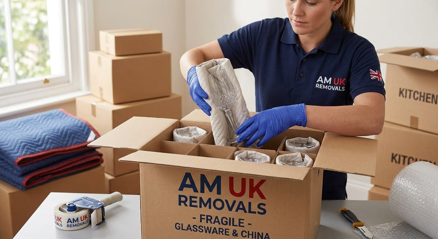 Hands wrapping fragile kitchenware in protective bubble wrap